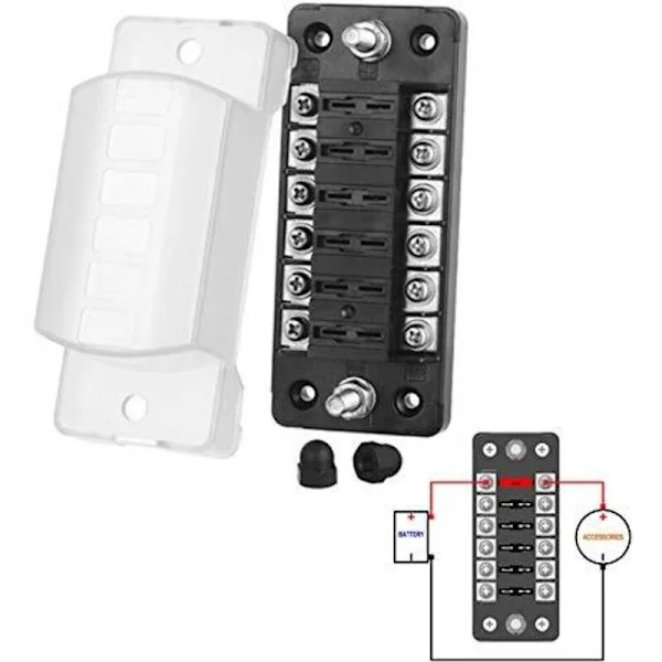 12V 6-veis sikringsboks for ATO/ATC 1-20A – 32V spenning – PBT-materiale – M5 skruekoblinger – Rask installasjon med selvborende skruer