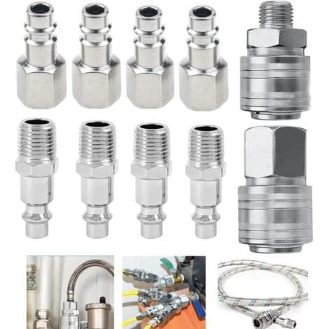 Förpackning med 10 1/4" BSP kompressorkopplingar – Förnicklat härdat stål – Han- och honkopplingar – Snabbkoppling för tryckluftsverktyg