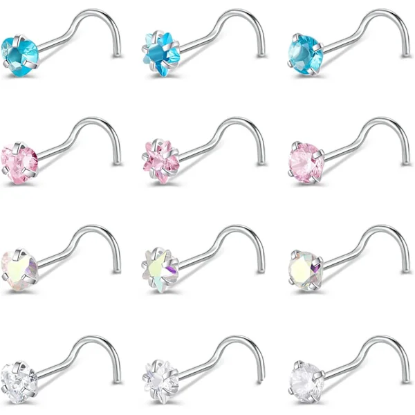 ZS 20g Kirurgiskt Rostfritt Stål Näspiercing Set - 9-12PCS Ben/L-formade/Skruvringar (12st Skruvstil)