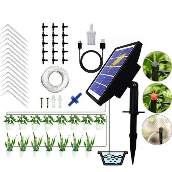 15m Solardroppbevattningskit, 15 krukor Automatiskt bevattningssystem med timer, för trädgård hemma inomhus utomhus, balkonger, terrasser, trädgårdar
