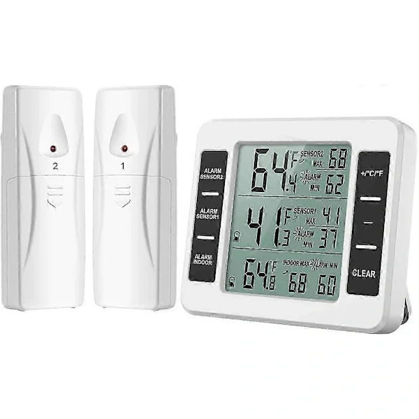 Kjøleskapstermometer, Trådløst Kjøleskapstermometer med 2 Sensorer, Lydalarm, Min/Maks, Innendørs