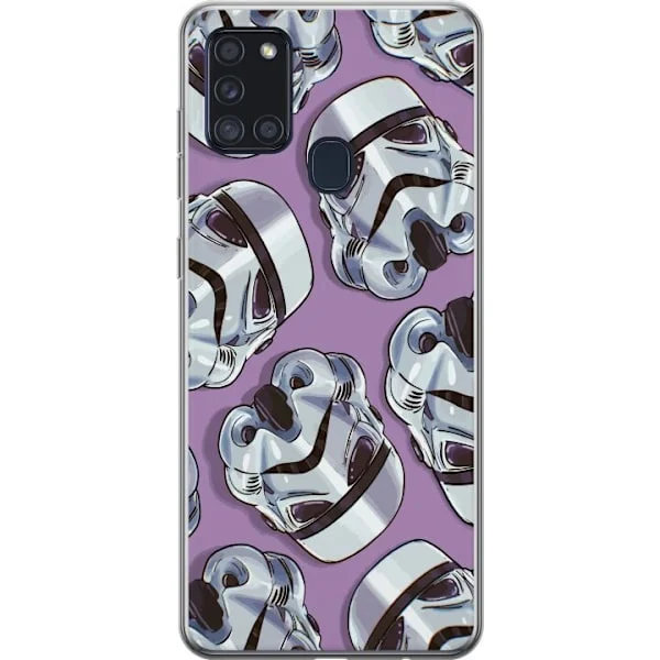 Yhteensopiva Puhelinkuori Samsung Galaxy A21s Kuvioitu sci-fi-motiivi, jossa on valkoiset futuristiset kypärät violetilla taustalla
