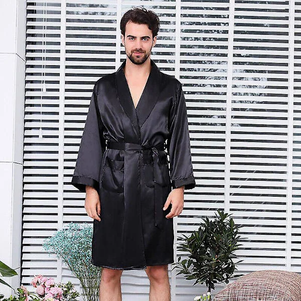 Herr Satin Silk Lyx Pyjamas Kimono Aamutakki Aamutakki Pjs Loungewear Musta