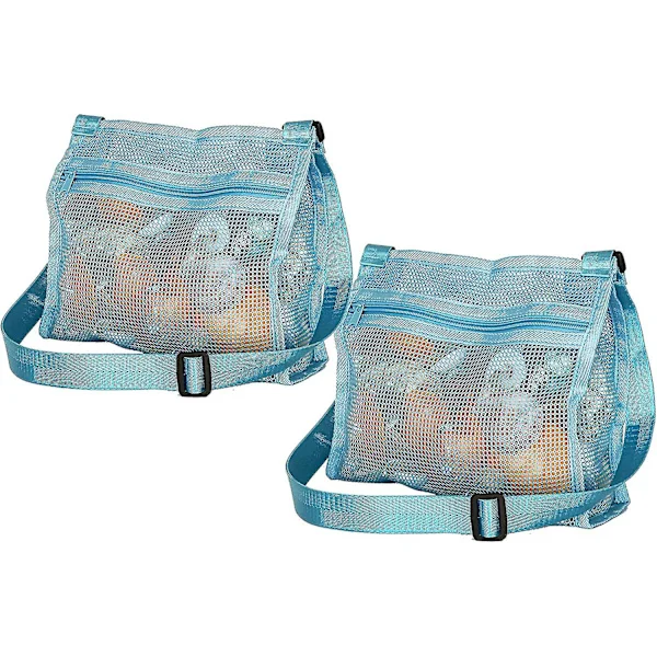 Strandleksak nätväska barn snäckskal samlarväska strand sandleksak kassar för att hålla snäckskal strandleksaker (2-pack)