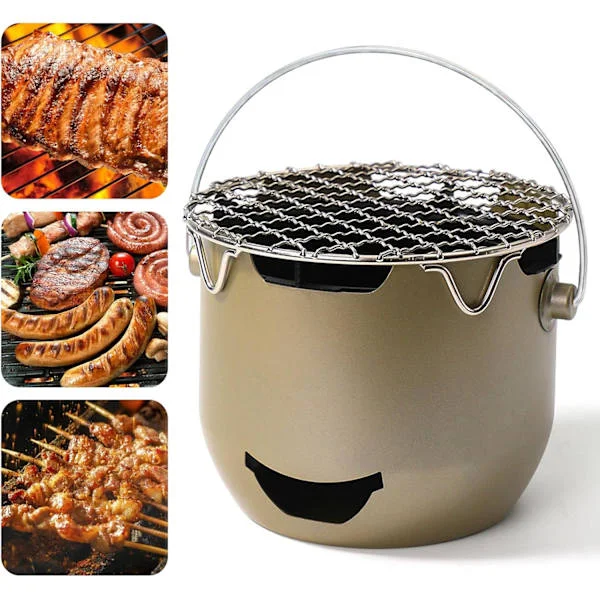 Bærbar kullgrill, mini kullgrill i rustfritt stål, liten utendørs matlagingsgrill, piknik