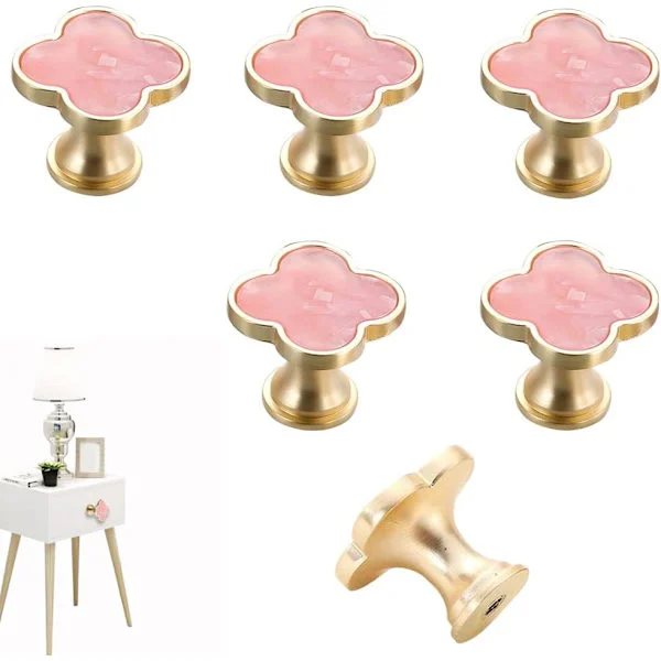 6 st Clover Knobs Four-leaf Clover Handles Creative Cabinet Drawer Handles Gold for Dresser Wardrobe Zinc Alloy Single Hole Door Handle (pink)
