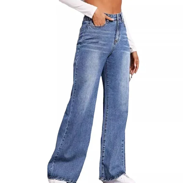 Højtaljede jeans med brede ben til kvinder med løse sømkanter, vasket denim (uden linning) Størrelse L