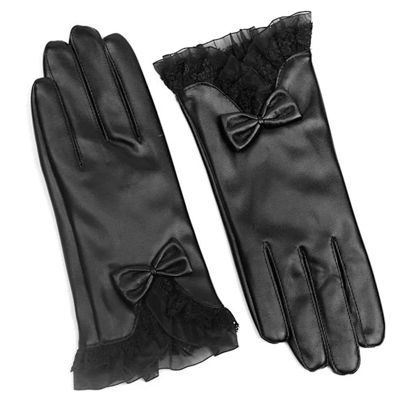 Eleganta Damhandskar Spets Rosett Vinter Varma Dam Faux Läder Full Finger Skidhandskar Varma Körhandskar Motorcykelhandskar