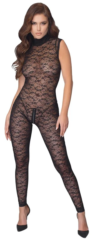 Cottelli Collection: Jumpsuit with Floral Pattern and Zipper - Black - Vuxen: Lingerie & undertøy