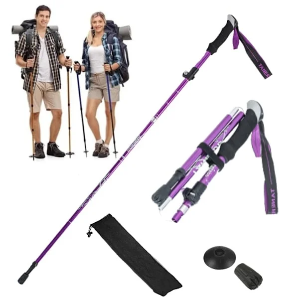 Turstaver 110-130 cm - Lettvektige teleskopiske gåstaver for fotturer og camping, gåstaver - Justerbar høyde - 5 seksjoner 1 stk. lilla