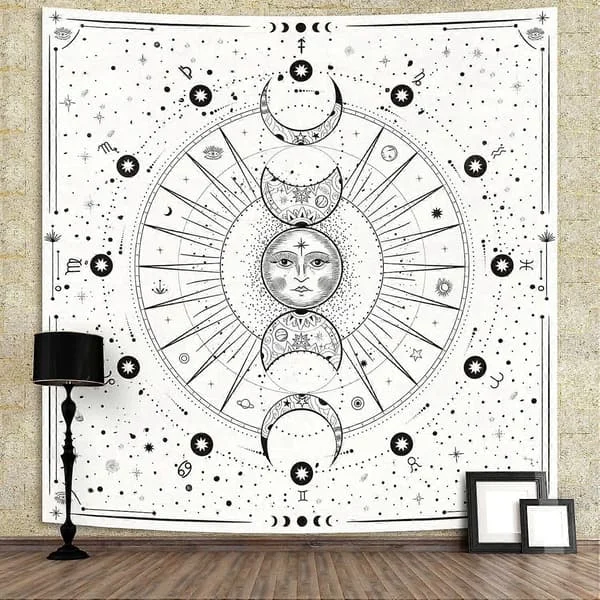 White Tapestry Wall Hanging Sun Moon Stars Space Psychedelic Tapestries Wall Hanging for Bedroom Aesthetic Home Wall Dorm Decor