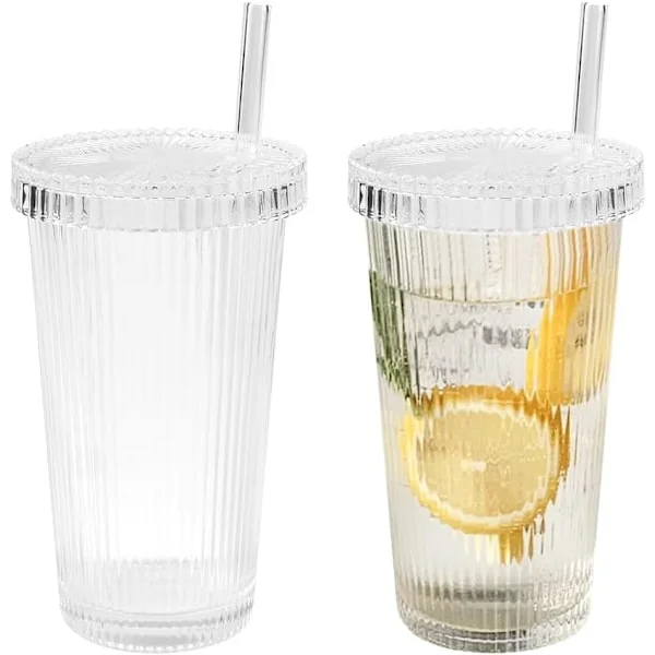 2 stk. Kopper med Låg og Strå 380ML Glas Kopper med Låg og Strå Genanvendelige Glas Kopper, Rejse Kande (Transparent)