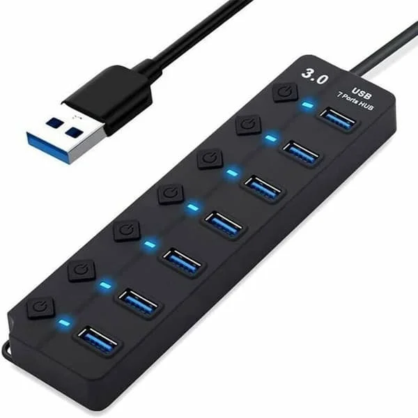 RICEEL USB 3.0-hubb - 7 portar - 5 Gbit/s - Individuella strömbrytare - Kompakt design 17x4,5x2 cm