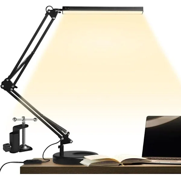 LED-skrivbordslampa med klämma och rund bas, arkitektlampa 14W, justerbar hopfällbar arm, 3 färgtemperaturer 10 5V/2A ljusstyrkenivåer,--