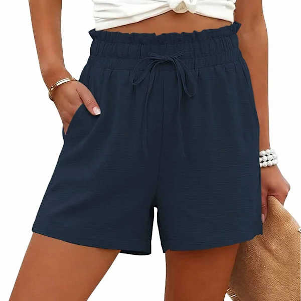 Shorts for Women Casual High Wide Leg Drawstring Shorts Beach Holiday Wear Navy blue