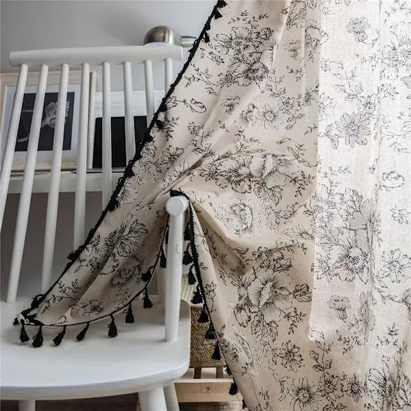 Boho Vintage Gardiner med Dusker - Halvmørkleggende Gardiner med Maljer - Bomull Lin - Dekorative Soveromsgardiner - 150 x 220 cm - Sett med 1