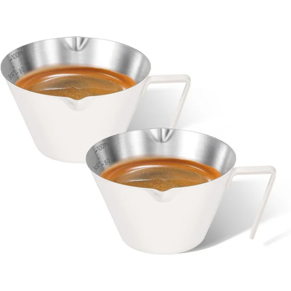 2-osaiset espressokupit kahvoilla, ruostumattomasta teräksestä valmistetut espressotarvikkeet, metallinen mittakuppi nokalla ja kaksoisasteikolla, 3,4