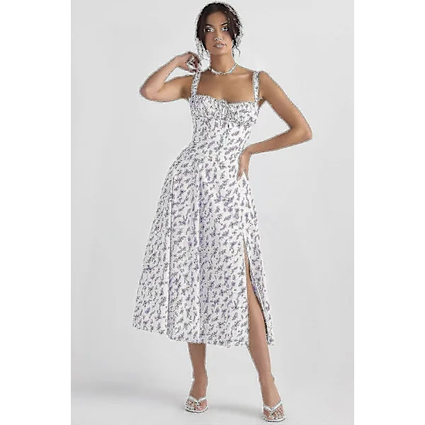 Blomstrete Boho Midi Bustier Kjole Dame Carmen Trykk Sommer Strand Swing Kjoler