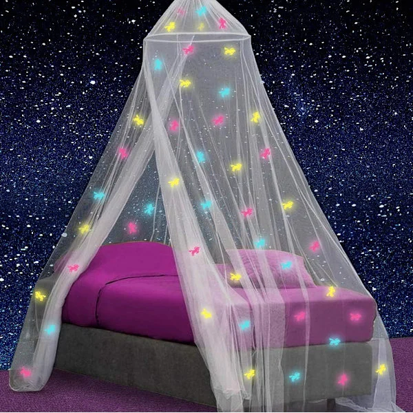 Bed Canopy for Girls with Pre-Installed Glow in The Dark Unicorns, Princess Mosquito Net Room Decor, Kids Room Tent Purple