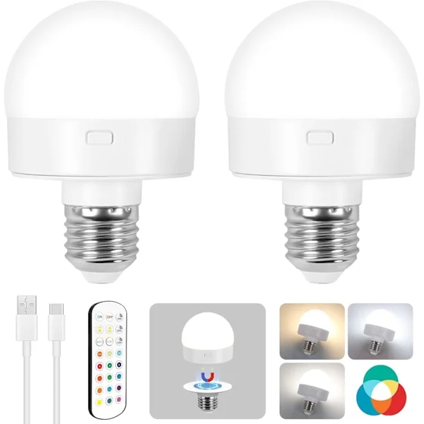 Laddningsbar fjärrstyrd glödlampa, trådlös pucklampa med dimmer och magnet, tre färger, för vägglampor utan fast ledning, 2-pack