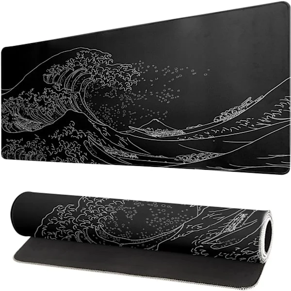 Japanese Ocean Wave Large Mouse Pad, Anime Black Gaming, Extended Kanagawa Mat Desk Mat, 3mm Thick Long Non-Slip Rubber Sole Mouse Pad, 31.5 X 11.8 