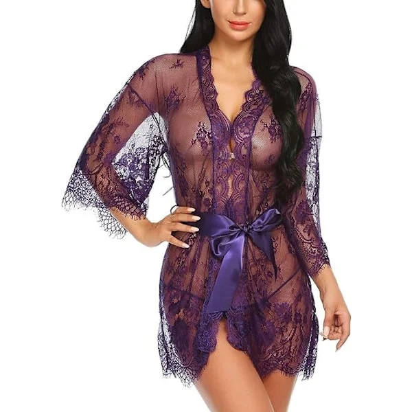 Dame Blonde Kimono, Mesh Babydoll Natkjole Lilla