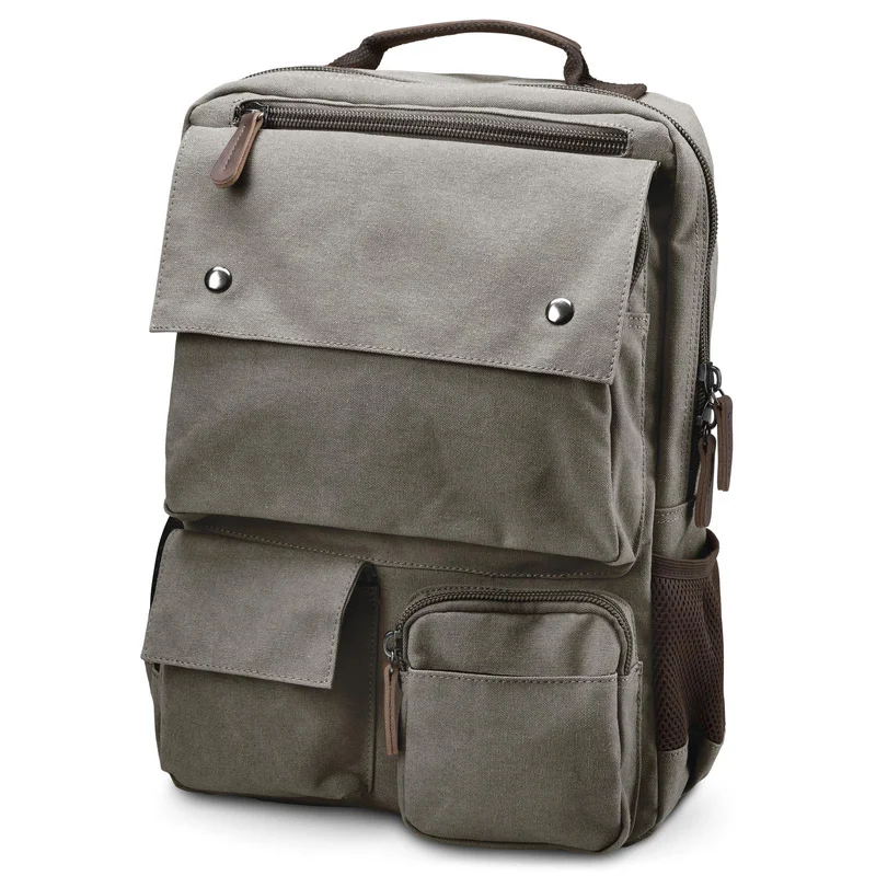 Mochila compacta de lona gris metalizado y cuero marrón para hombres - Mochilas