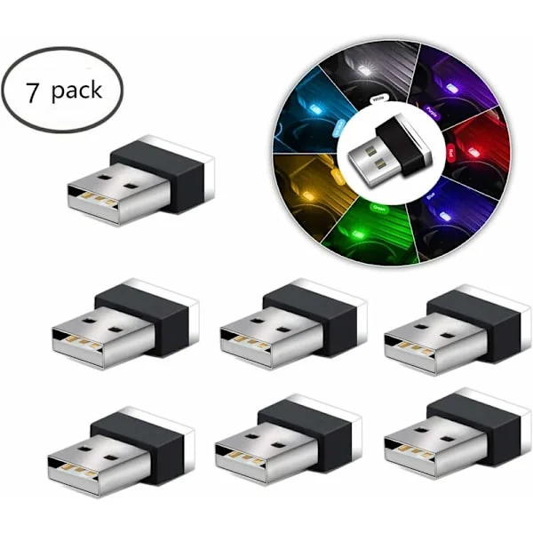 USB LED-bilinteriør Ambient Lights, 7 stk Plug-in 5V Universal Mini LED USB-lamper for bil bagasjerom interiør.