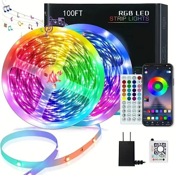 LED-strip 5M, 30 LED/Meter, 24V RGB LED-bånd, 150 LED, APP og Fjernbetjening, Musiksynkronisering, Timer-tilstand