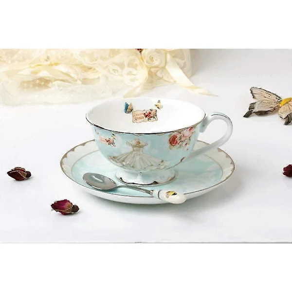 Fina benporslin tekoppar och fat, pastellblå blommig design kaffemugg tekoppar set med presentförpackning för kvinnor mamma, 200 ml