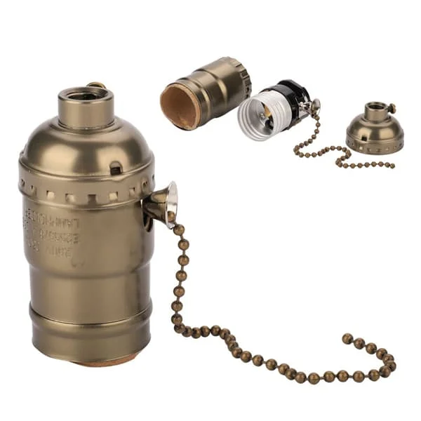 Vintage E27 Pæreholder Lampefod Sokkel med Trækafbryder Kobber, Pæreholder (Bronze)