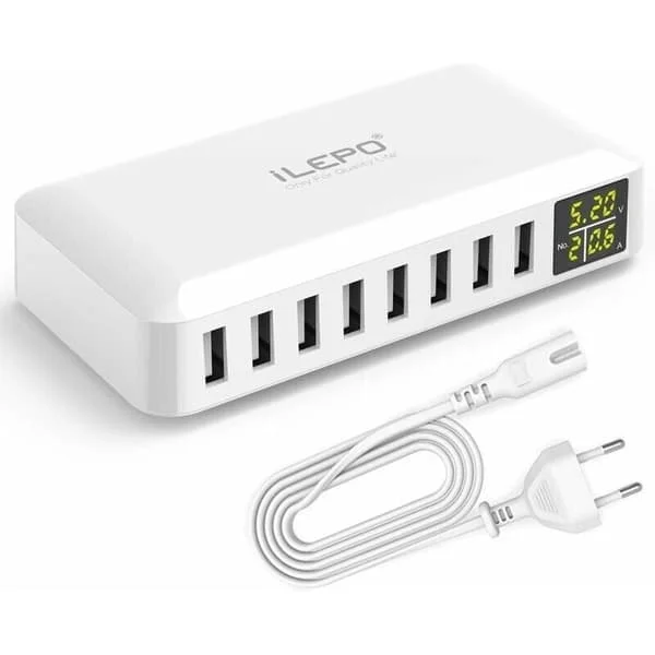 5V8A 8-Portars USB-laddare med LCD-skärm, Smart Laddstation Flera USB-uttag Kompatibel med iPhone XS XR SE, iPad, Samsung Galaxy, Redmi, Och