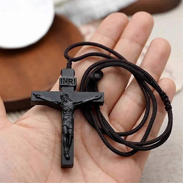 【DT】Jesus Halsband i Trä Snöre Jesus Halsband Krucifix Trähänge Halsband för Män Kvinnor Svart Svett