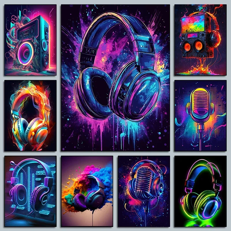 AliExpress - Hot Live Muziek Neon Koptelefoon DJ Posters Kleurrijke Boombox Microfoon Party Prints Canvas Schilderij Muur Foto Thuis Room Decor