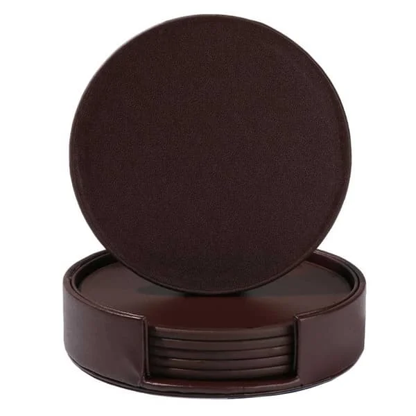Brown Glass Coasters PU Leather 6-Pack with Holder brown