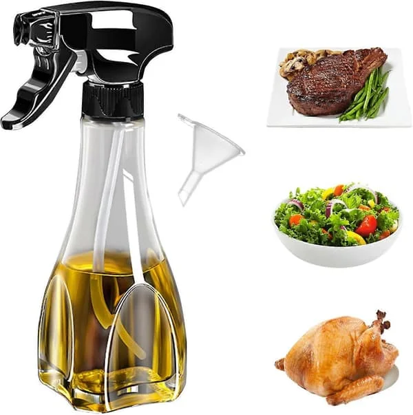 Oljespray for matlaging, 240 ml olivenolje dispenserflaske, glass oljespray mister, for airfryer, salat, steking, BBQ, svart