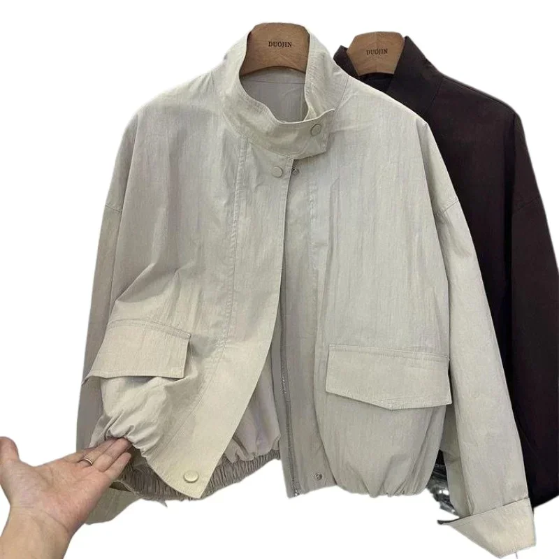 AliExpress - Veste courte Femme printemps automne nouveau décontracté Femme coupe-vent col montant outillage veste basique fermeture éclair manteau 