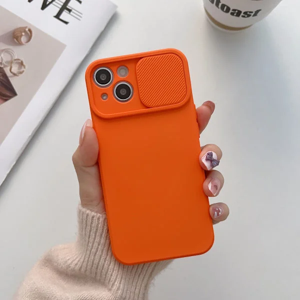 Passar iPhone 14; Orange stöttåligt silikonskal med iPhone, enfärgat skjutbart kameraskydd, mjukt och bekvämt.