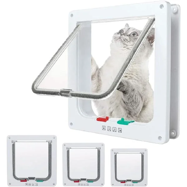 Kattlucka, 4-vägs låsbar medelstor kattlucka för inner- och ytterdörrar, väderbeständig husdjurslucka för katter och kattungar med omkrets < 40 cm