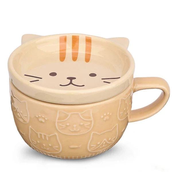 Julklapp Födelsedagspresent, Söt Kawaii Katt Kaffekopp med Lock Kvinnor Present, Kaffe Keramisk Tekopp Desserttallrik Set Gul katt