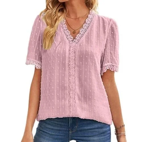 Women's Lace Blouse V-Neck - Short Sleeve Summer Casual Lace Jacquard Tunic Pink Blouse Pink