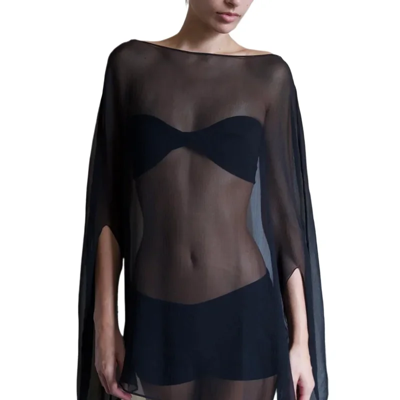AliExpress - Frau Kleidung Durchsichtige Chiffon Blusen Sexy Fashion Solid Cover-ups Damen Elegante Nachtclub Tops Weiß Schwarz Streetwear