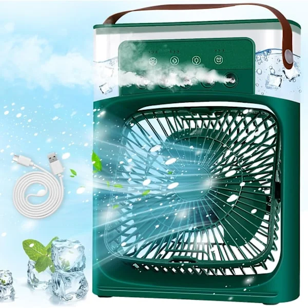 Bærbar Mobil Aircondition, Mini Aircondition, Luftkøler Ventilator med 3 Hastigheder, Timer, 7 LED-Lys, Forstøvning (Grøn)