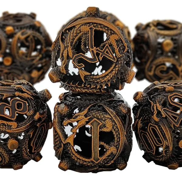 Dungeons and Dragons Dice, HNCCESG Role-Playing Dice 7 Pcs with Metal Box Polyhedral Hollow Metal Round Dragon Dice D4/D6/D8/D10