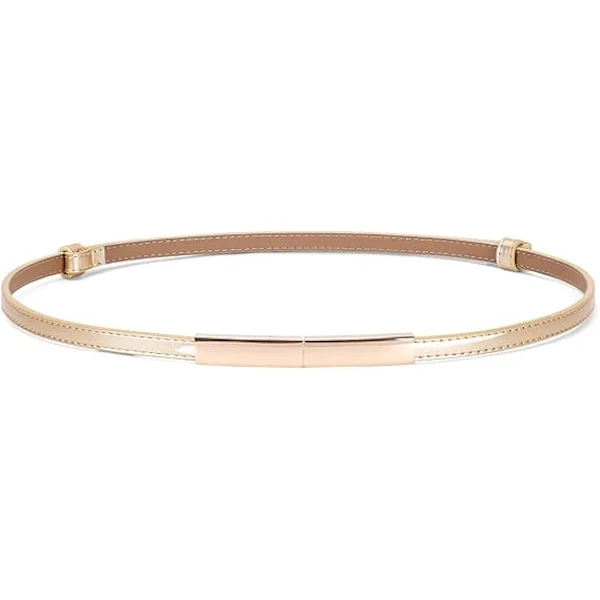 Slim Leather Belt for Women, Shiny Adjustable Thin Waist Belt with Gold Alloy Buckle for Dresses (Gold)