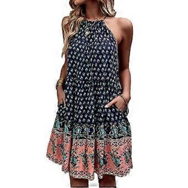 Halterneck Kjole, Ærmeløs Boho Lagdelt Print Flydende Stor Hemsøm Casual Kjole til Sommer