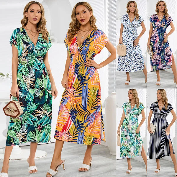 Mode Batman Sleeve V-hals Backless Strap Dress Sommar Printed lång kjol blue
