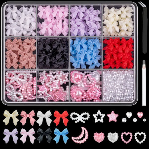 3D Nagelberlocker och Platt Pärlset 1, 8 Färger Nagelrosetter Berlock + Rosa & Vit Stjärna Hjärta Måne Söta Nagelsmycken + 2-4mm