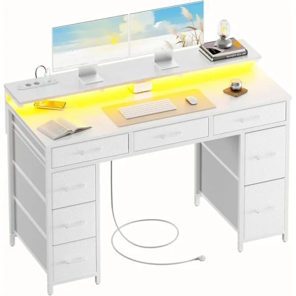 Datorbord - ECOFURNIX - 100 x 48 cm - Modell med två nivåer - LED-belysning - Höjdjusterbar - Vit