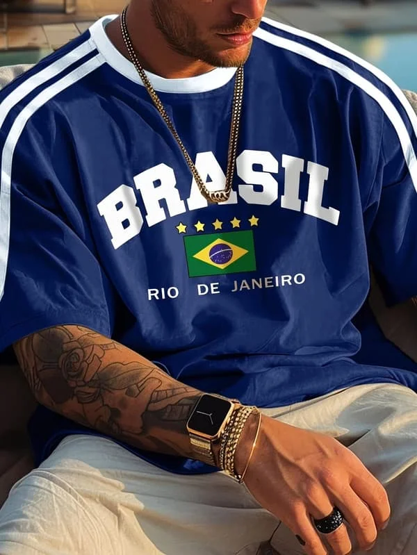 Kesä 2025 Uusi viiden tähden Brasil Print T-paita miehille Lyhythihaiset O-kaula-paidat Vintage Casual Sports Mesh Jersey Oversize Topit